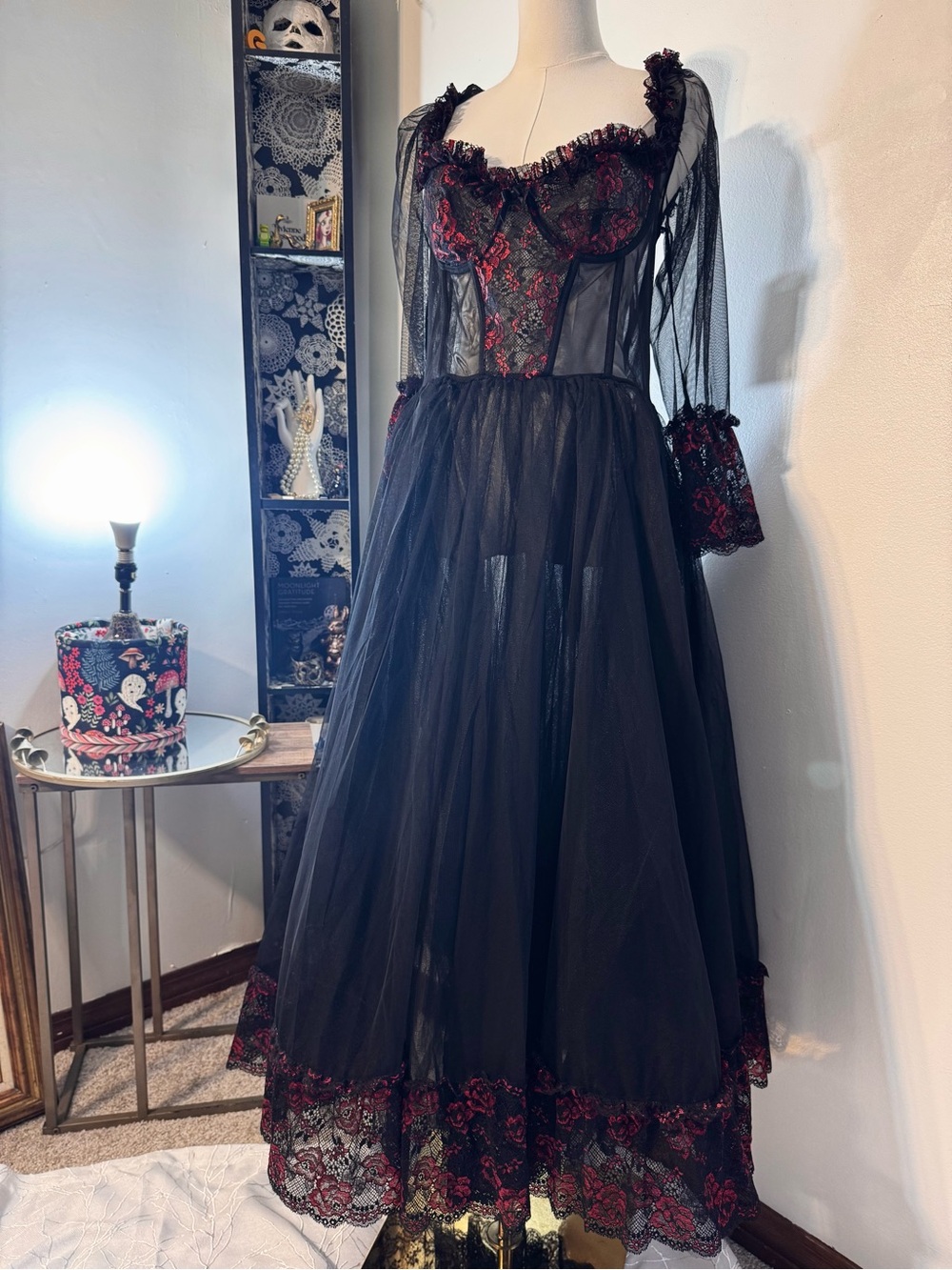 NWT Widow Dolls Kill Dance With Death Black Red Lace Gothic Maxi Dress
